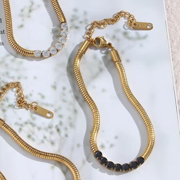Black Zircon Snake chain Bracelet 18K Gold Plated Stainless Steel - Picture 4 of 7